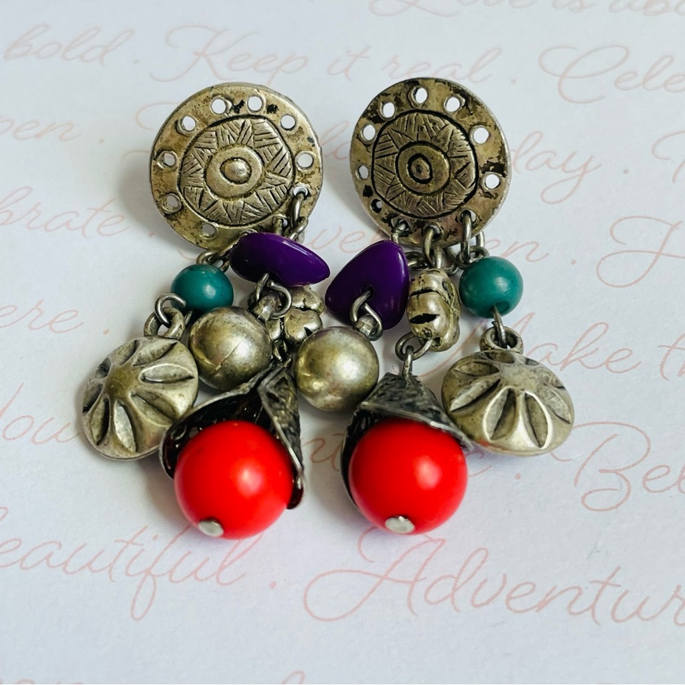 Vintage Bohemian Red Bead Drop Earrings with Purple & Teal Accents Silver Tone